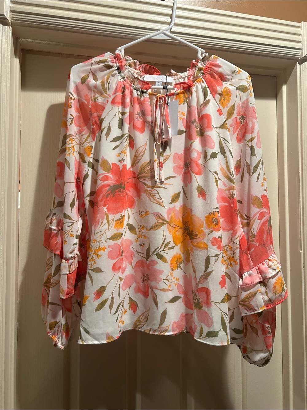 Sugarlips Floral Tie-Neck Blouse - Coral, Pink & Yellow on White